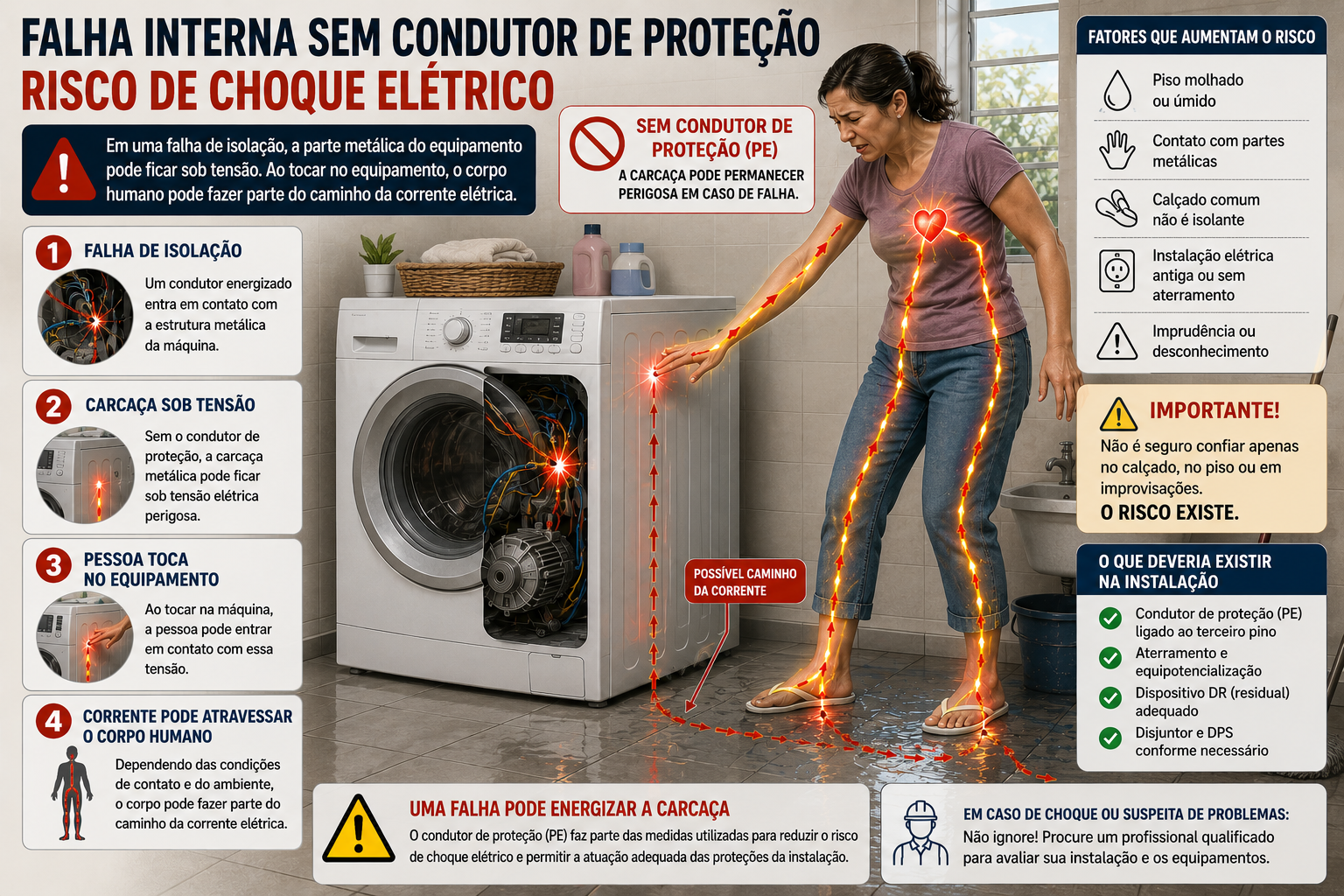 Falha interna sem condutor de proteção — risco de choque elétrico ao tocar o equipamento