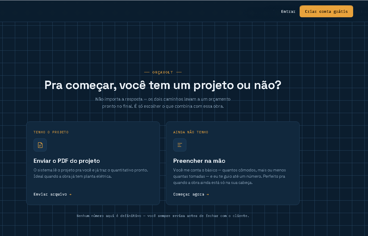 Tela do OrçaVolt perguntando se você tem o projeto ou não